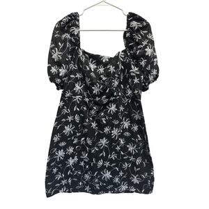 Blue Rain Black Silver Floral Embroidered Puff Sleeve Dress Women’s Size L